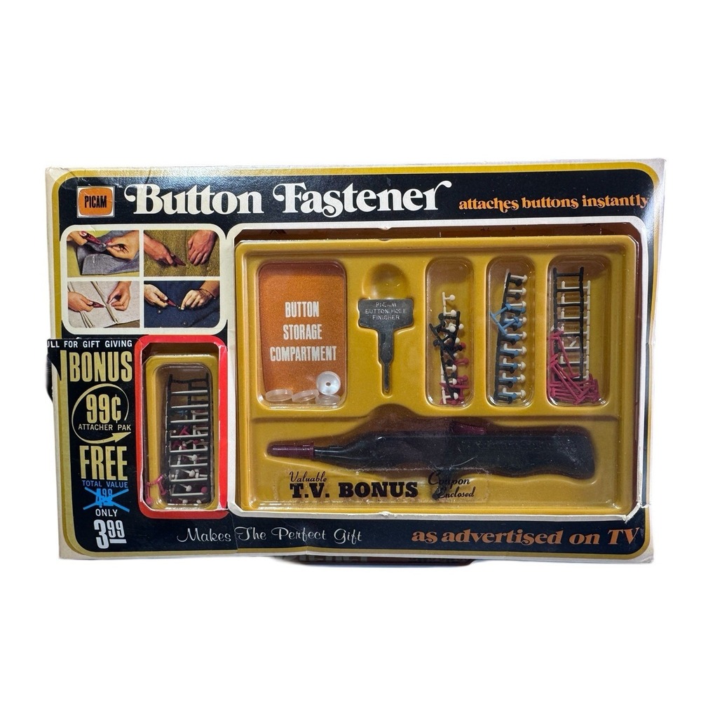Vintage 1972 Picam Button Fastener As Advertised on TV Original Box Unused BONUS